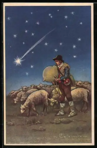 Künstler-AK E. Colombo: Hirte mit seiner Herde unter dem Sternenhimmel