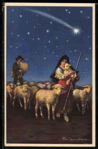 Künstler-AK E. Colombo: Hirten mit ihrer Herde