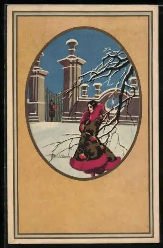 Künstler-AK Adolfo Busi: Dame im Wintermantel unter verschneitem Baum