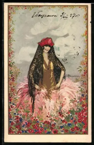 Künstler-AK Adolfo Busi: Dame mit schwarzem Spitzentuch umrahmt von Blüten