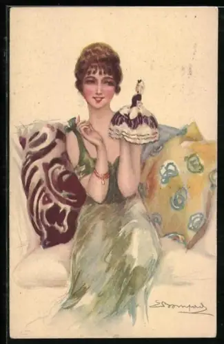 Künstler-AK Sergio Bompard: Dame mit einer Handpuppe