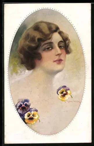 Künstler-AK C. Monestier: Damenporträt mit Stiefmütterchen