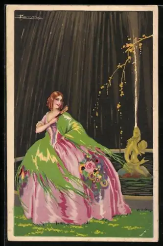 Künstler-AK Adolfo Busi: Dame im rosafarbenen Kleid vor einem Springbrunnen