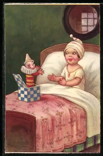 Künstler-AK E. Colombo: Kind erschreckt sich vor einem Springteufel