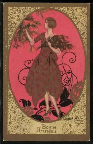 Künstler-AK Adolfo Busi: Dame sammelt Tannenzweige, Bonne Année
