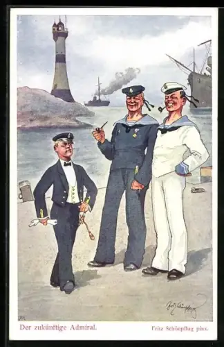 Künstler-AK Fritz Schönpflug: Der zukünftige Admiral. Matrosen lachen über einen kleinen Mann in Marineuniform
