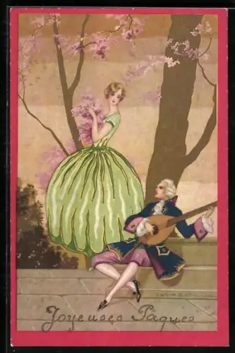 Künstler-AK Mann musiziert, Frau steht an einem Baum, Art Deco