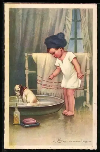 Künstler-AK E. Colombo: Kleiner Junge badet seinen Hund