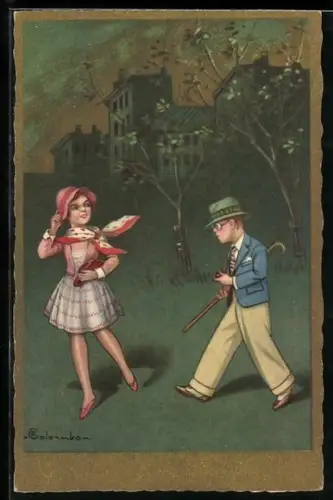 Künstler-AK E. Colombo: Zwei Kinder spazieren durch einen Park