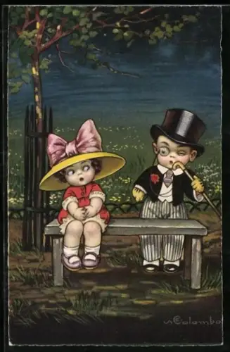 Künstler-AK E. Colombo: Junge im Frack spricht ein Mädchen auf einer Bank an
