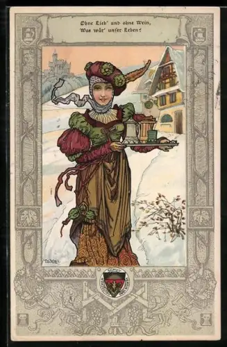Künstler-AK T. Welzl: Deutscher Schulverein, Ohne Lieb` und ohne Wein, Dame mit Getränken