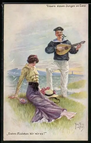 Künstler-AK Arthur Thiele: Matrose spielt ein Instrument - Liebes Mädchen hör mir zu