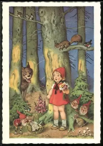 Künstler-AK Fritz Baumgarten: Rotkäppchen begegnet dem Wolf im Wald