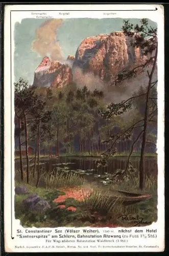 Künstler-AK F.A.C.M. Reisch: Völs, St. Constantiner See (Völser Weiher) mit Seerosen und Kahn