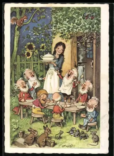 Künstler-AK Fritz Baumgarten: Schneewittchen und die sieben Zwerge im Garten