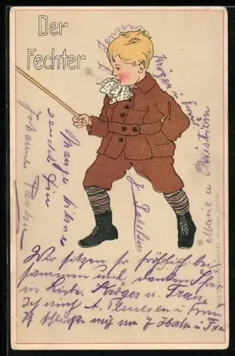 Künstler-AK Gertrud Caspari: Der Fechter, Junge beim spielerischen Fechten mit einem Stock