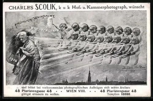 Künstler-AK Charles Scolik: Das alte Jahr wird von einem Engelschor mit Sektflaschen weggeschoben