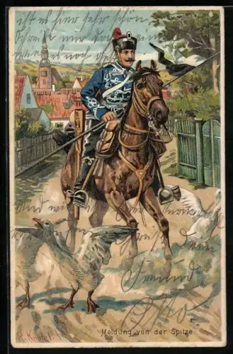 Künstler-AK Richard Knoetel: Meldung von der Spitze, Husar