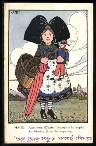 Künstler-AK Hansi: Alsacienne, Mädchen in Tracht mit Schirm, Korb und Puppe im Arm