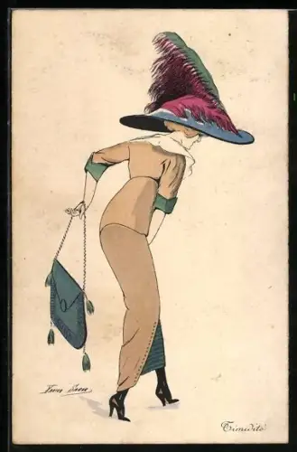 Künstler-AK Xavier Sager: Modisch gekleidete Dame mit imposantem Hut und Handtasche