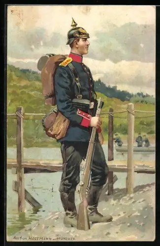 Künstler-AK Anton Hoffmann - München: Soldat mit Gewehr und Pickelhaube