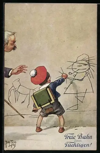 Künstler-AK Arthur Thiele: Freie Bahn dem Tüchtigen!, Schuljunge wird beim Bekritzeln einer Wand erwischt