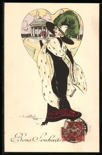 Künstler-AK Charles Naillod: Elegante Dame mit Pelz vor einem Pavillon