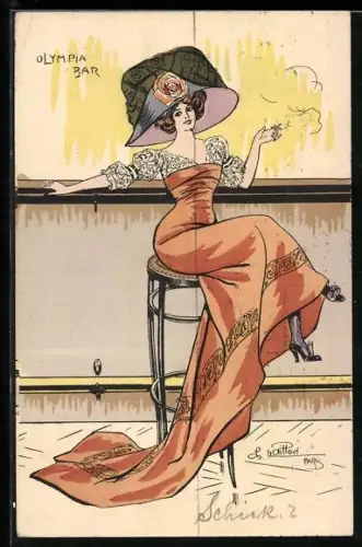 Künstler-AK Charles Naillod: Elegante Dame sitzt rauchend auf einem Barstuhl