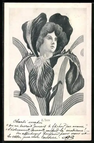 Künstler-AK Xavier Sager: Frauenkopf in einer Iris, L`Iris, Metamorphose