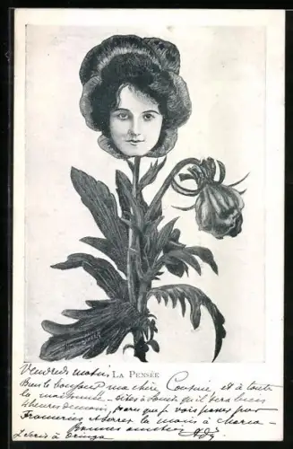 Künstler-AK Xavier Sager: Frau als Stiefmütterchen, La Pensée, Metamorphose