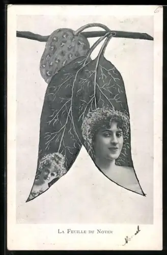 Künstler-AK Xavier Sager: Zwei Frauenporträts auf Blättern, La Feuille du Noyer, Metamorphose