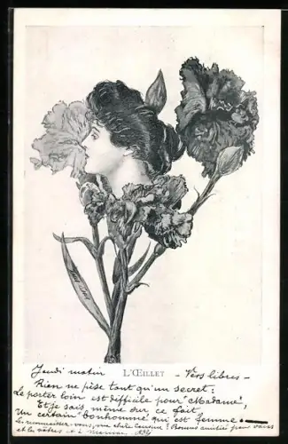 Künstler-AK Xavier Sager: L`OEillet, Frauenporträt inmitten von Nelken