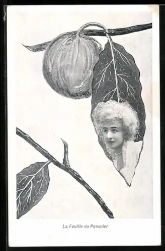 Künstler-AK Xavier Sager: Portrait einer Frau im Blatt eines Apfelbaums