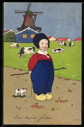 Künstler-AK Fritz Baumgarten: Holländischer Knabe vor einer Windmühle