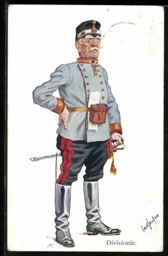 Künstler-AK Carl Josef Pollak: Divisionär, Mann in Uniform, den Säbel fest umklammert