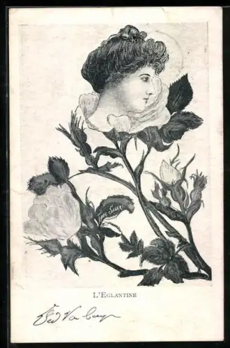 Künstler-AK Xavier Sager: Frau in Heckenrose, L`Eglantine, Metamorphose