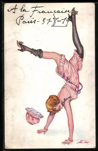 Künstler-AK Xavier Sager: Junge Frau im rosa Unterkleid schlägt einen Purzelbaum
