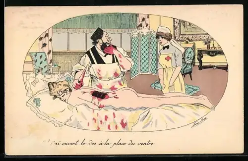 Künstler-AK Xavier Sager: Arzt schneidet am Rücken einer Frau herum, Antisemitische Karikatur