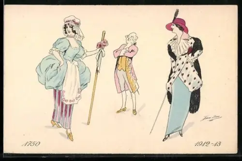 Künstler-AK Xavier Sager: Zwei feine Damen posieren vor einem Gentleman