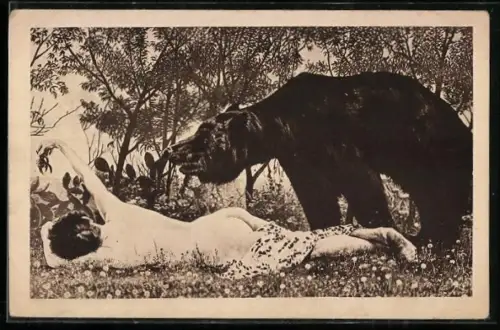 Künstler-AK Richard Müller: Bär findet nackte Frau im Wald