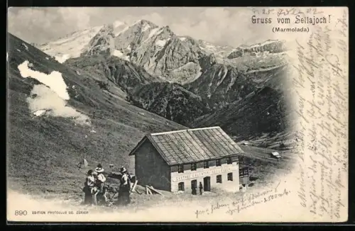 AK Canazei, Gasthof Valentini am Sellajoch mit dem Marmolada