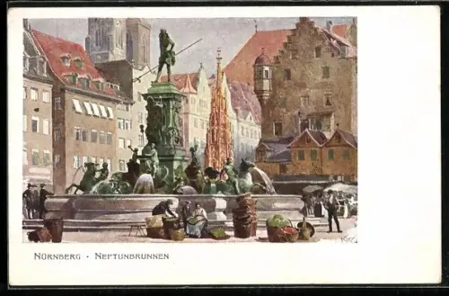 Künstler-AK Heinrich Kley: AK Nürnberg, Neptunbrunnen