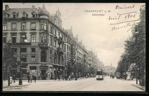 AK Frankfurt a. M., Strassenbahn und Friseur in der Kaiserstrasse