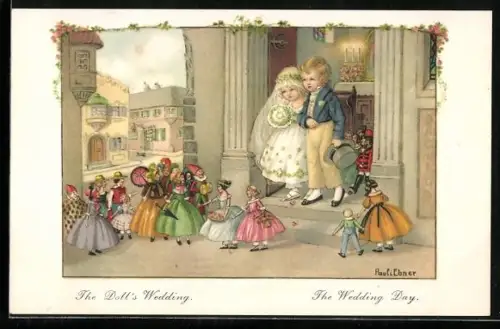 Künstler-AK Pauli Ebner: Kleines Hochzeitspaar mit lebendigen Puppen