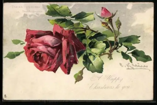 Künstler-AK Catharina Klein: Rote Rose auf Goldgrund