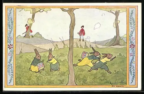 Künstler-AK Rie Cramer: Versjes van vroeger, Hasen fliehen vor einem Jäger