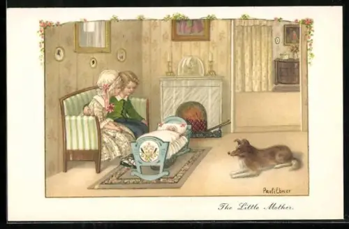 Künstler-AK Pauli Ebner: Kinder neben einer Kinderwiege mit Hund