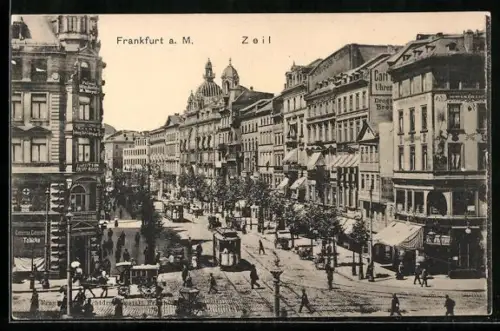 AK Frankfurt a. M., Zeil mit Strassenbahnen und Geschäften