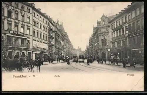 AK Frankfurt /Main, Strassenbahnen am Cafe Milani im Zeil