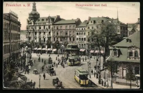 AK Frankfurt a. M., Hauptwache und Zeil mit Strassenbahnen
